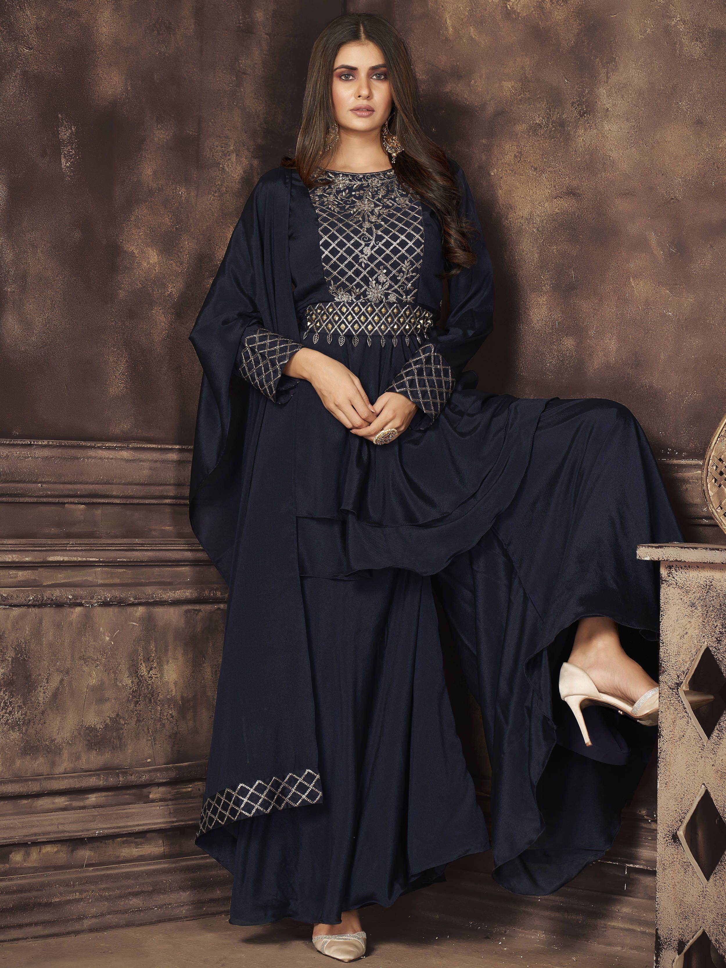 Navy blue designer salwar kameez with gold embroidery, perfect for Indian ethnic wear occasions.