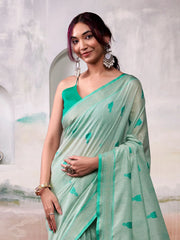Artistic Green Cotton Weaving Festival Wear Saree With Blouse