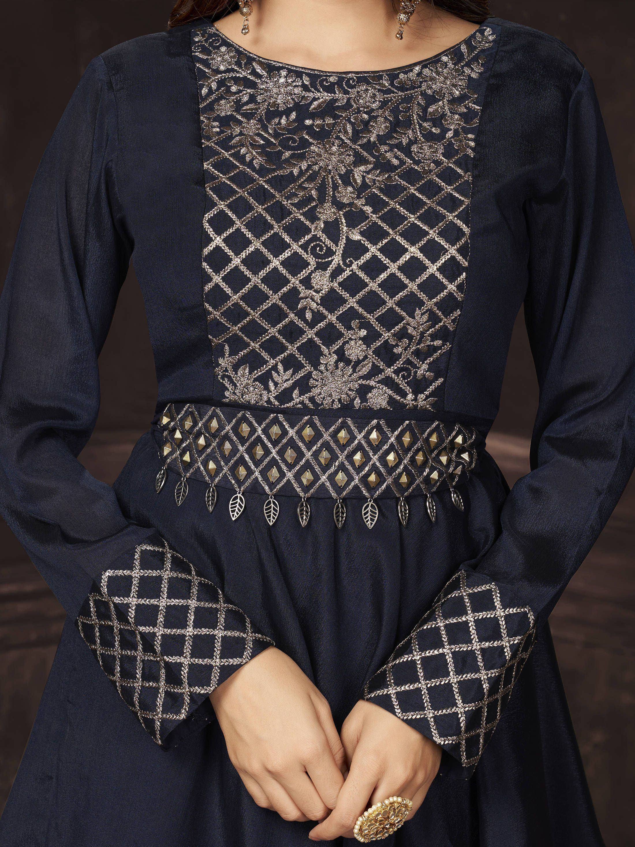 Navy blue ethnic gown with gold floral and geometric embroidery, perfect for Indian occasions.