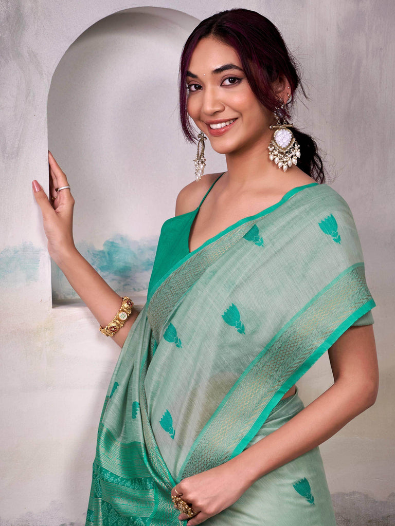 Artistic Green Cotton Weaving Festival Wear Saree With Blouse