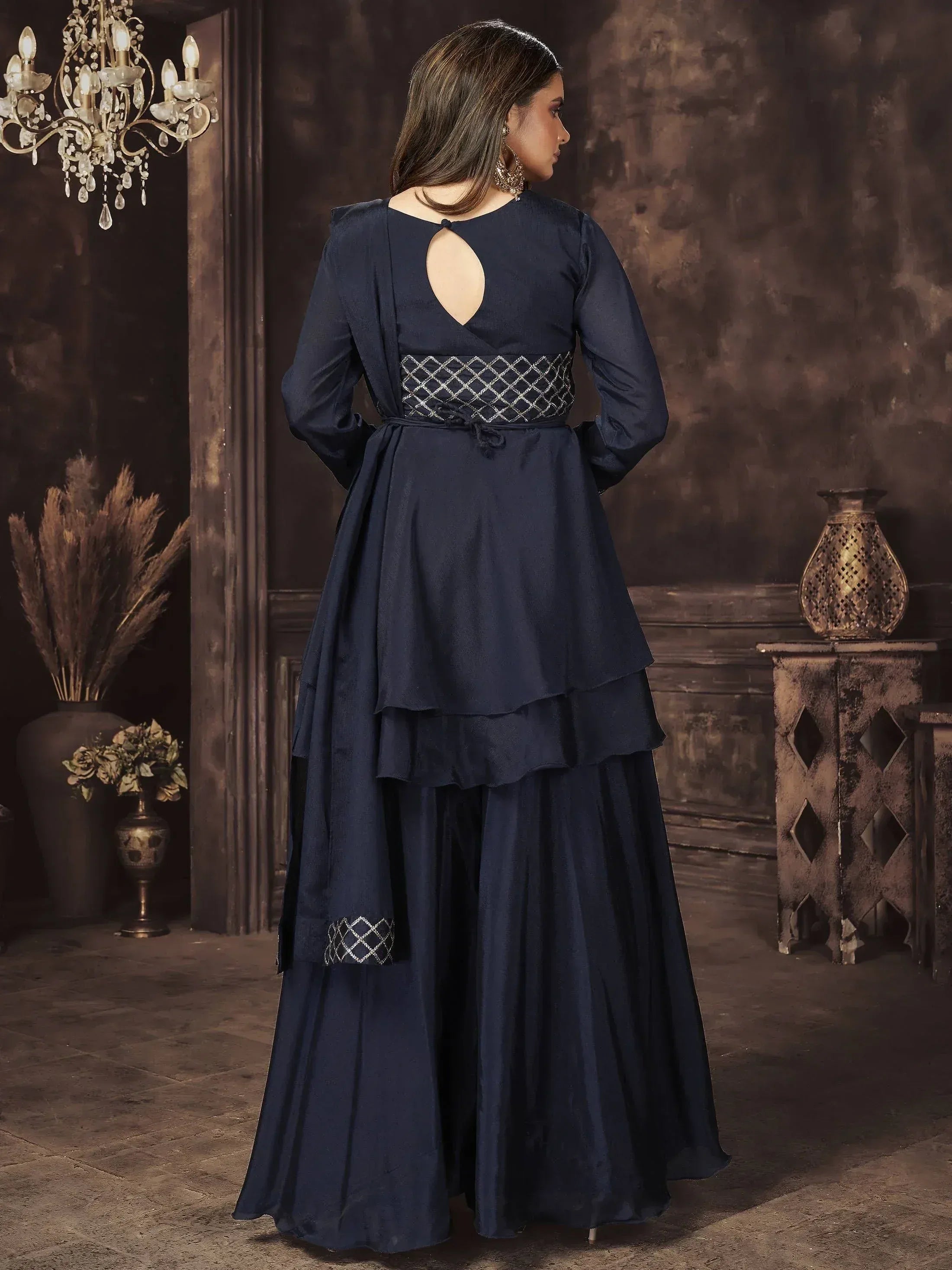 Navy blue ethnic gown with back keyhole, layered skirt, and silver embroidery for women