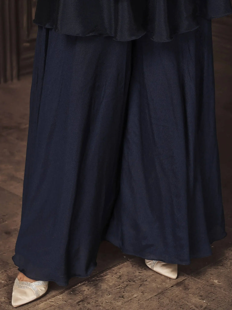 Alluring Navy Blue Embroidered Chinnon Ready Made Sharara Suit