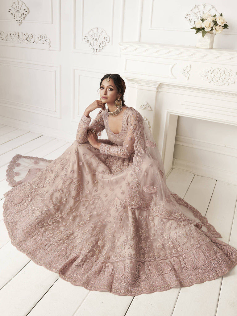 Elegant blush pink embroidered lehenga choli with sheer dupatta, perfect for Indian weddings and festive occasions.