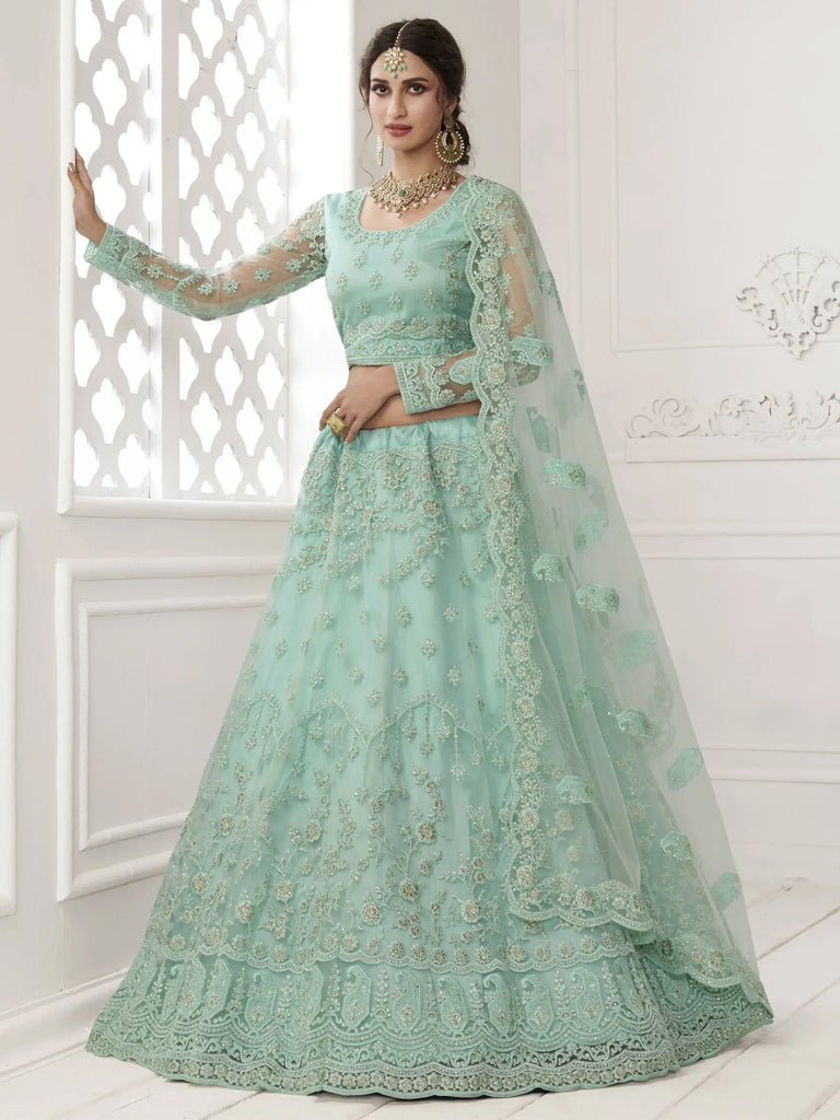 Turquoise Heavy Thread Coding Work Net Bridal Lehenga Choli