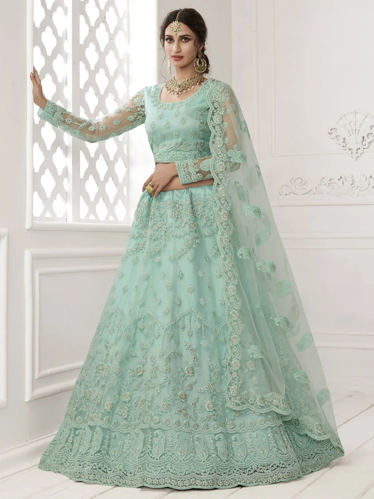 Turquoise Heavy Thread Coding Work Net Bridal Lehenga Choli