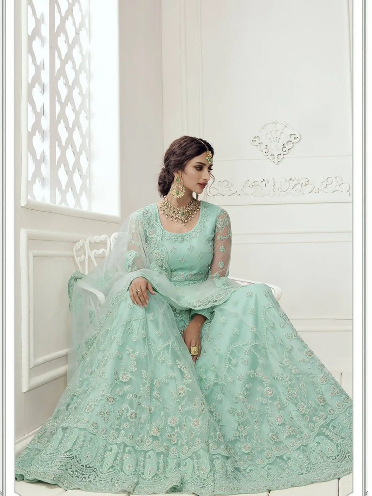 Turquoise Heavy Thread Coding Work Net Bridal Lehenga Choli
