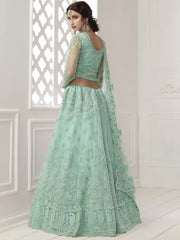 Turquoise Heavy Thread Coding Work Net Bridal Lehenga Choli