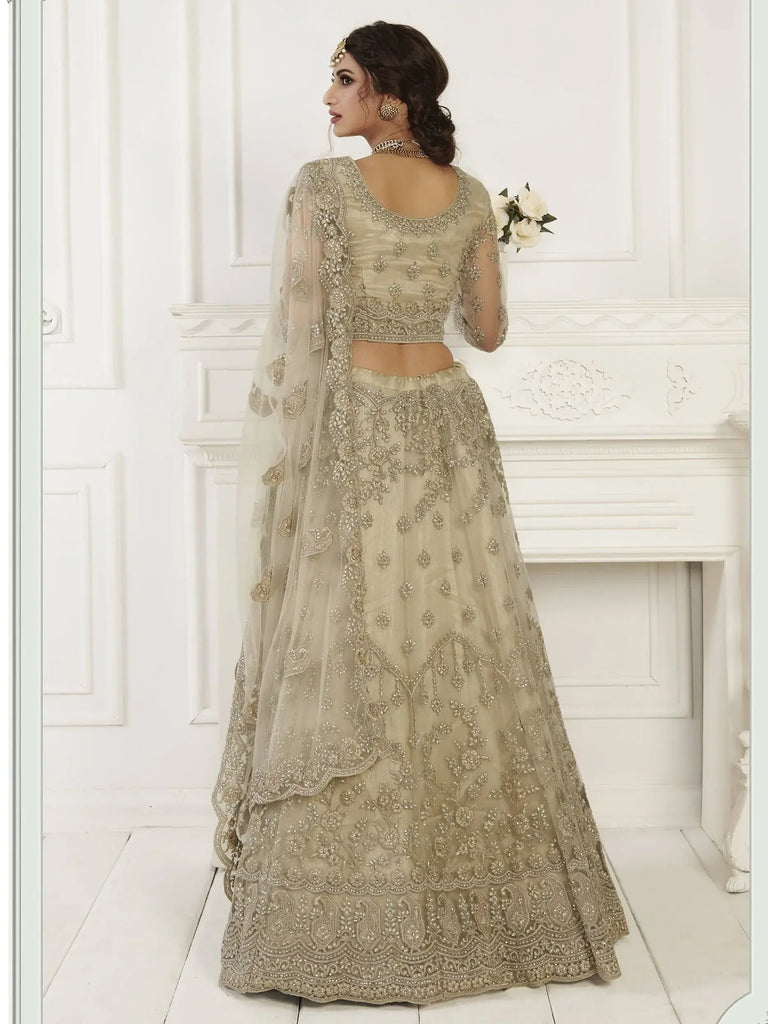 Sage Grey Heavy Thread Coding Work Net Bridal Lehenga Choli