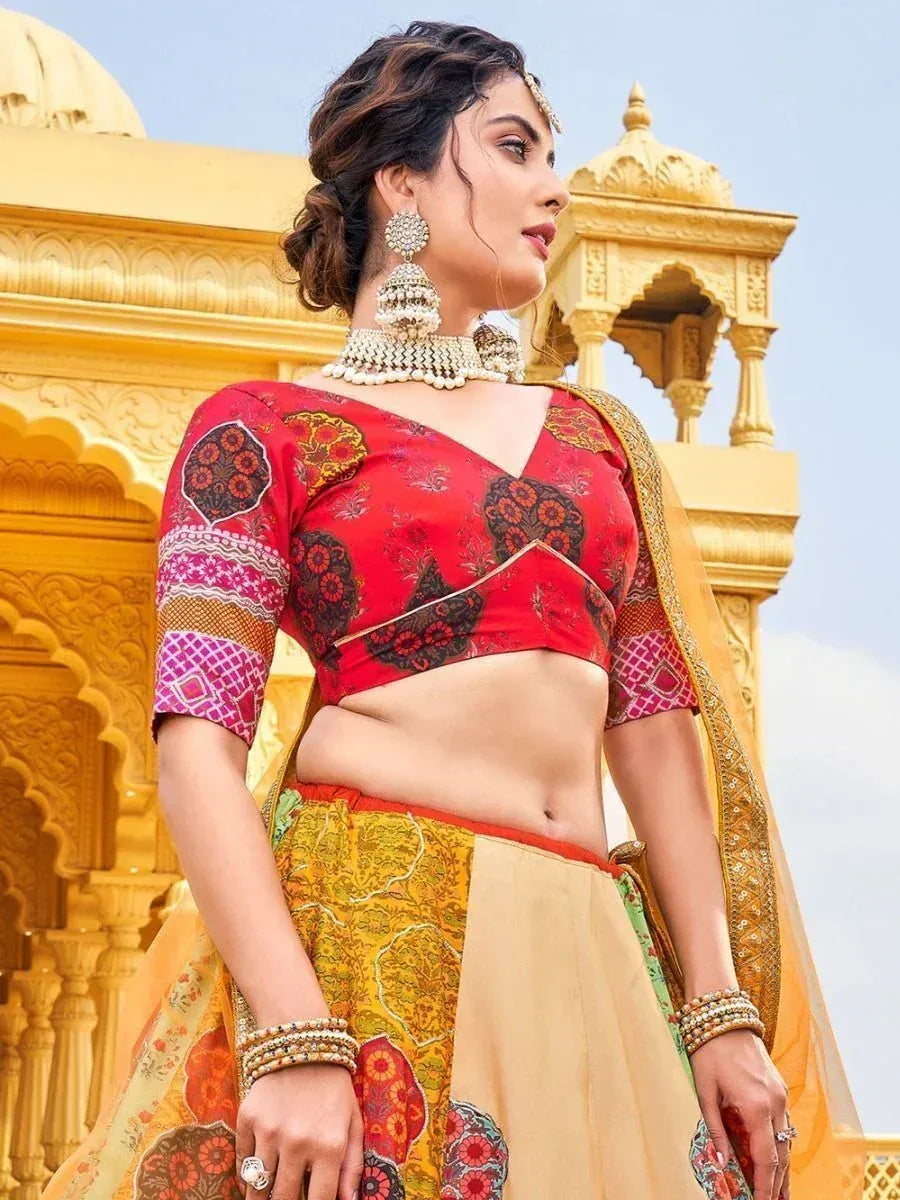 Red printed lehenga choli with gold dupatta, traditional Indian ethnic wear for women