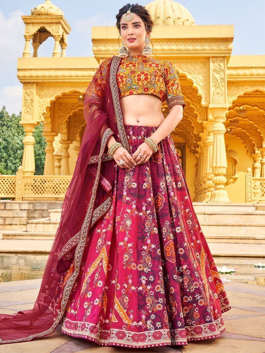 Maroon floral lehenga choli with embroidered blouse and dupatta, perfect for Indian weddings and festive occasions