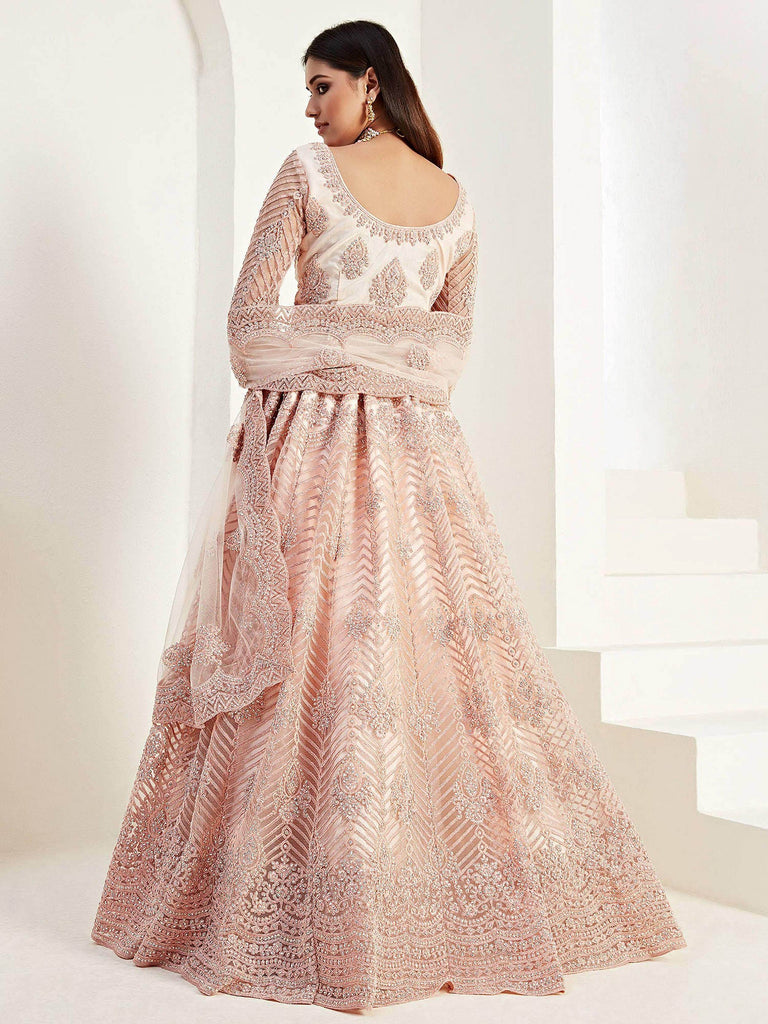 Regal Peach Net Stone Work Wedding Wear Lehenga Choli With Dupatta