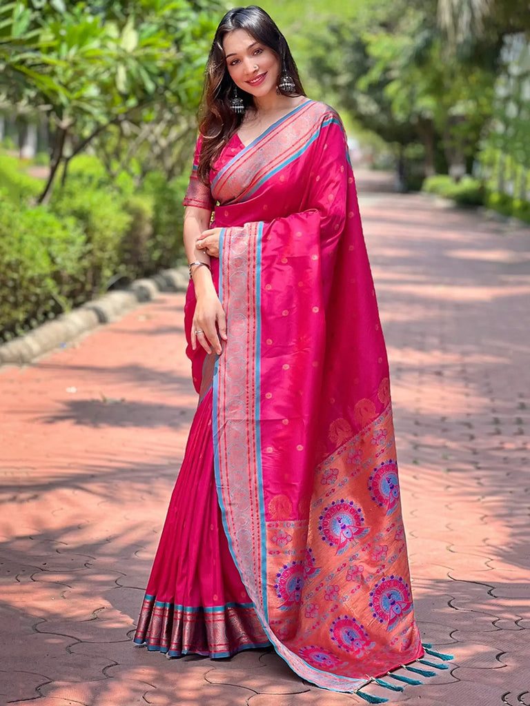 Gorgeous Rani Pink Weaving Paithani Silk Wedding Wear Saree With Blouse