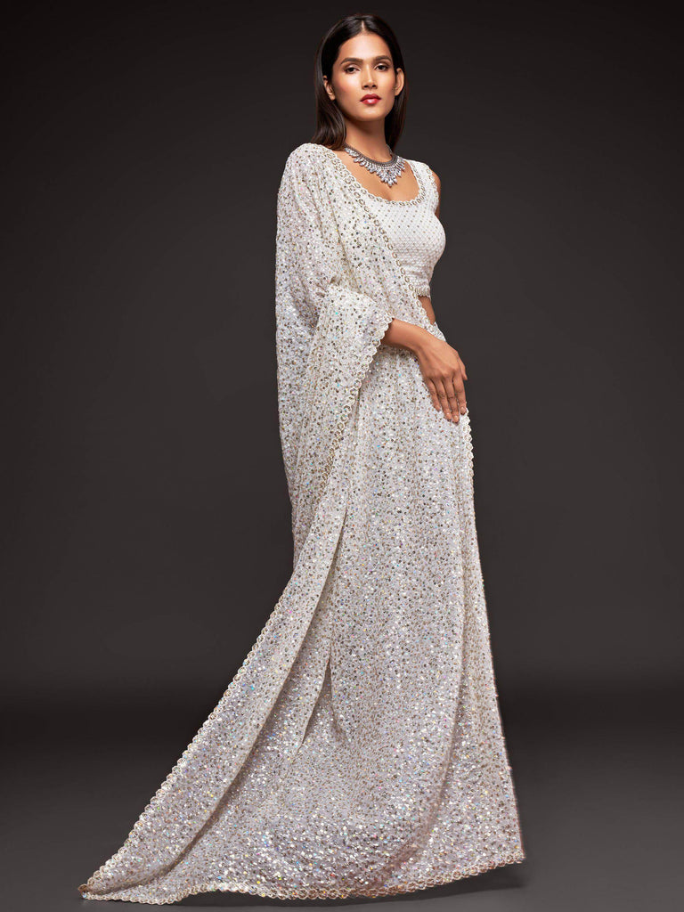 Pearl White Fully Sequined Georgette Party Wear Saree