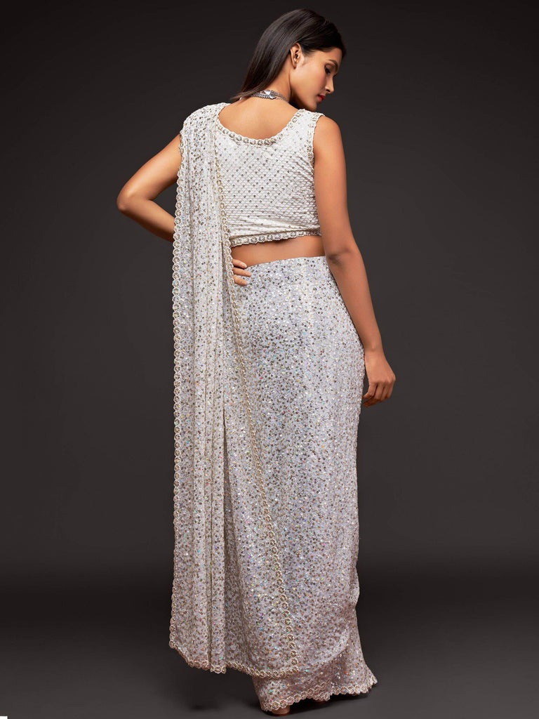 Pearl White Fully Sequined Georgette Party Wear Saree