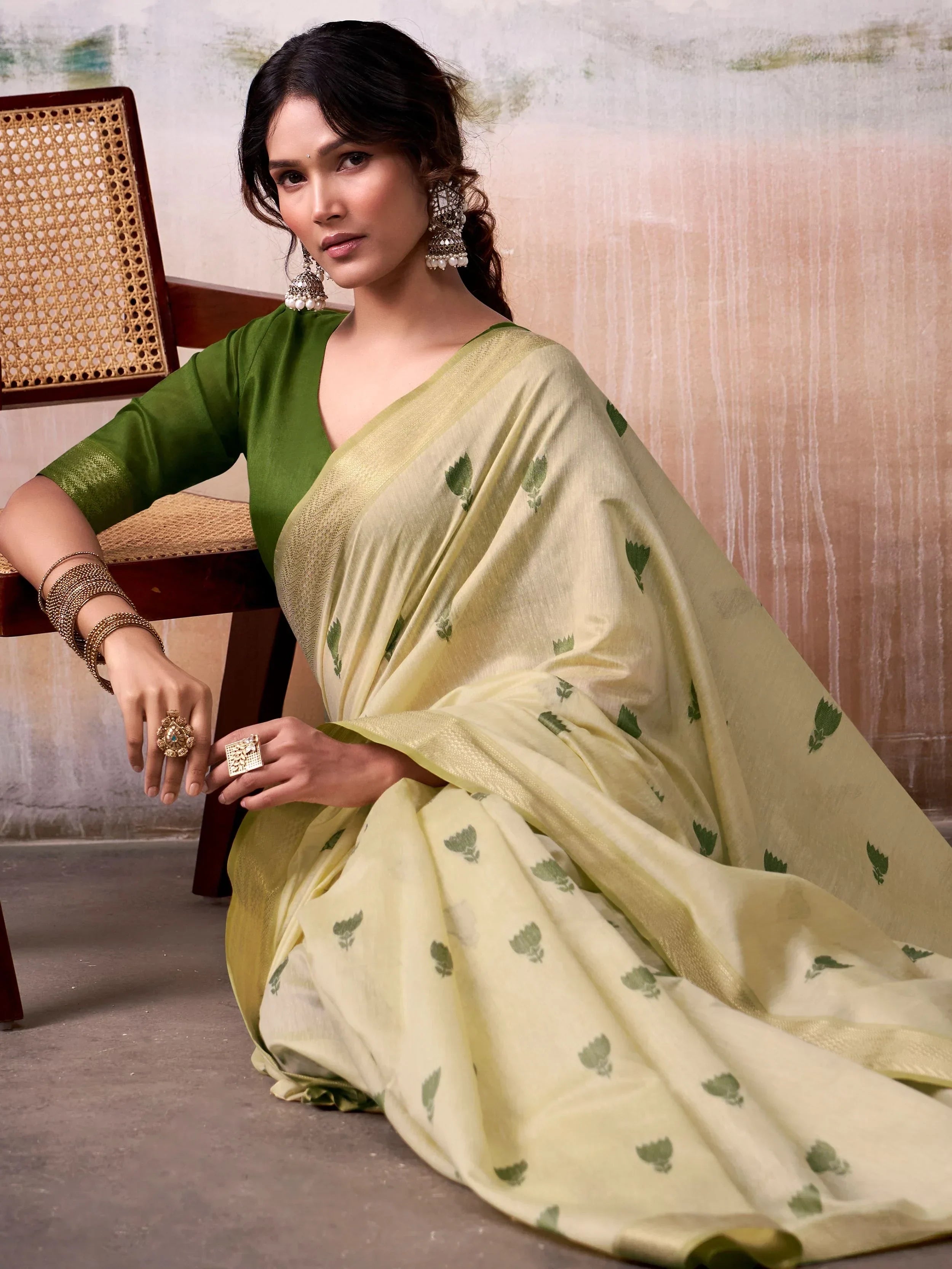 Impressive Cream Weaving Cotton Casual Wear Saree With Blouse