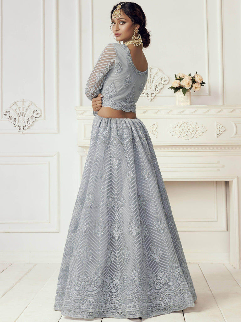 Light Purple Heavy Thread Coding Work Net Bridal Lehenga Choli