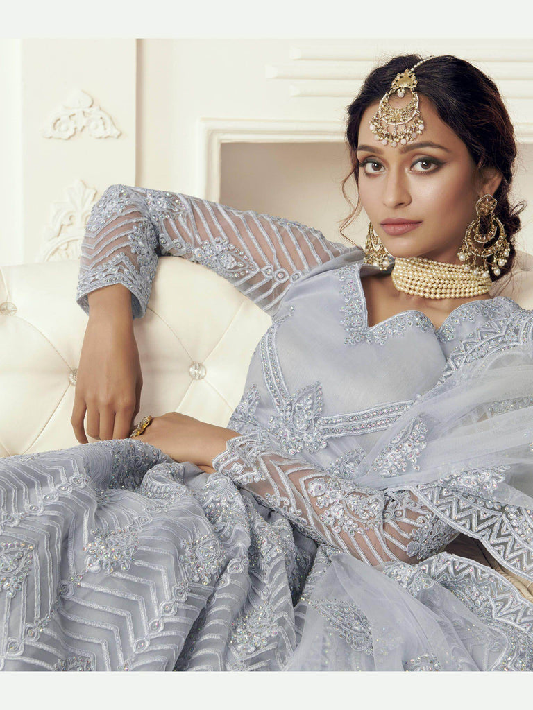 Light Purple Heavy Thread Coding Work Net Bridal Lehenga Choli