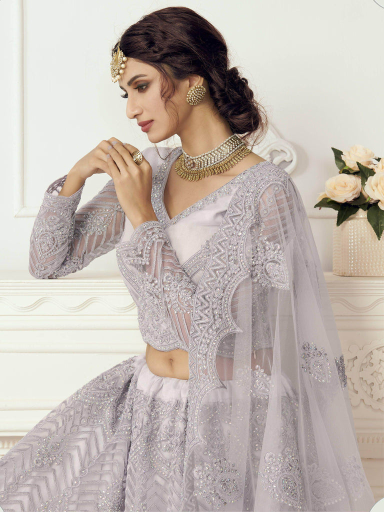 Lavender Heavy Thread Coding Work Net Bridal Lehenga Choli