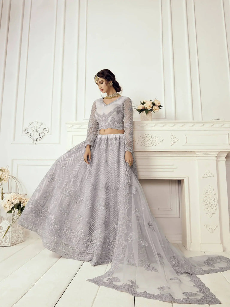 Lavender Heavy Thread Coding Work Net Bridal Lehenga Choli