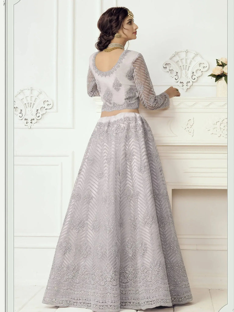 Lavender Heavy Thread Coding Work Net Bridal Lehenga Choli