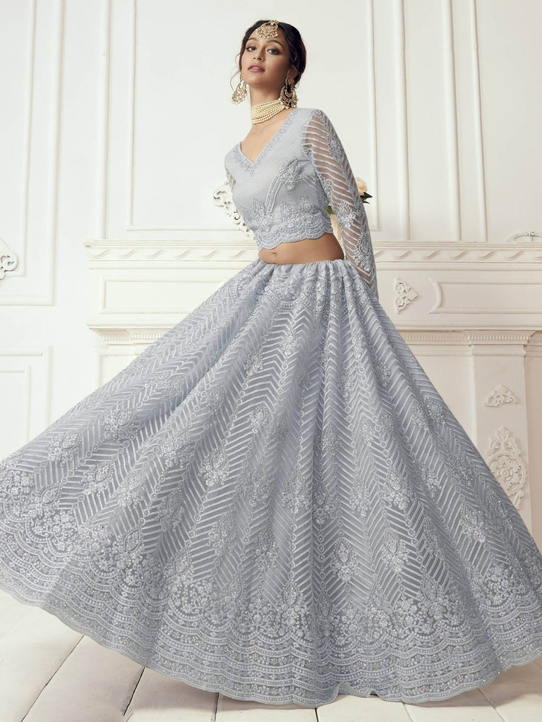 Light Purple Heavy Thread Coding Work Net Bridal Lehenga Choli