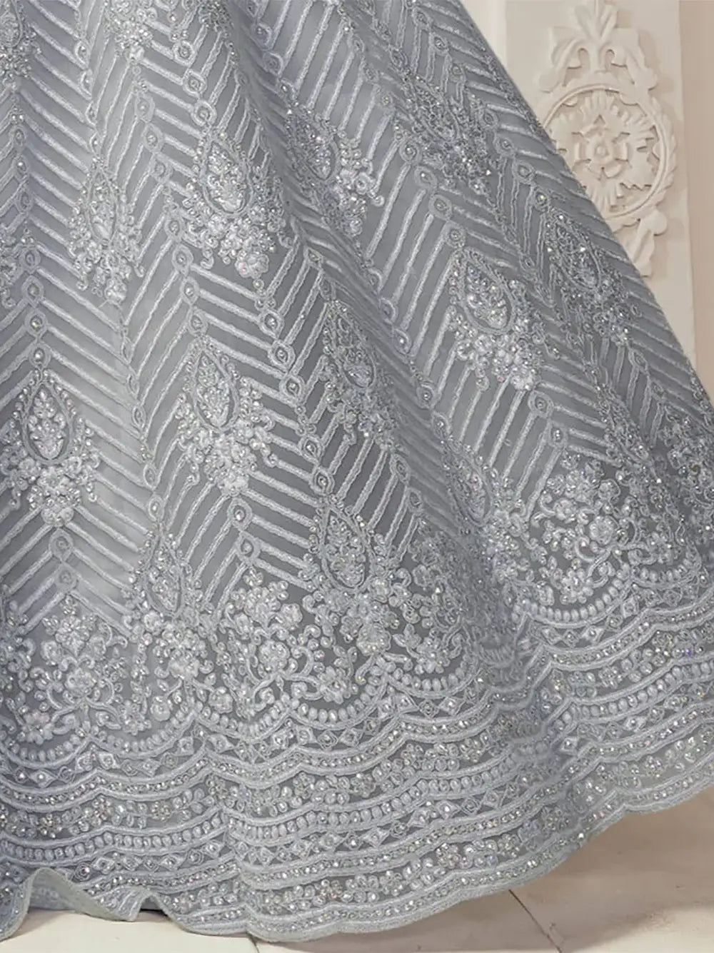 Light Purple Heavy Thread Coding Work Net Bridal Lehenga Choli