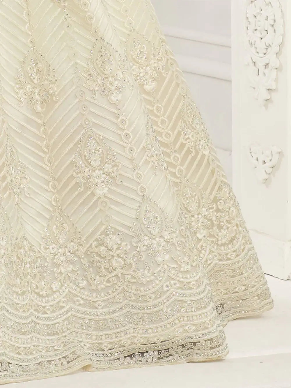 Off White Heavy Thread Coding Work Net Bridal Lehenga Choli
