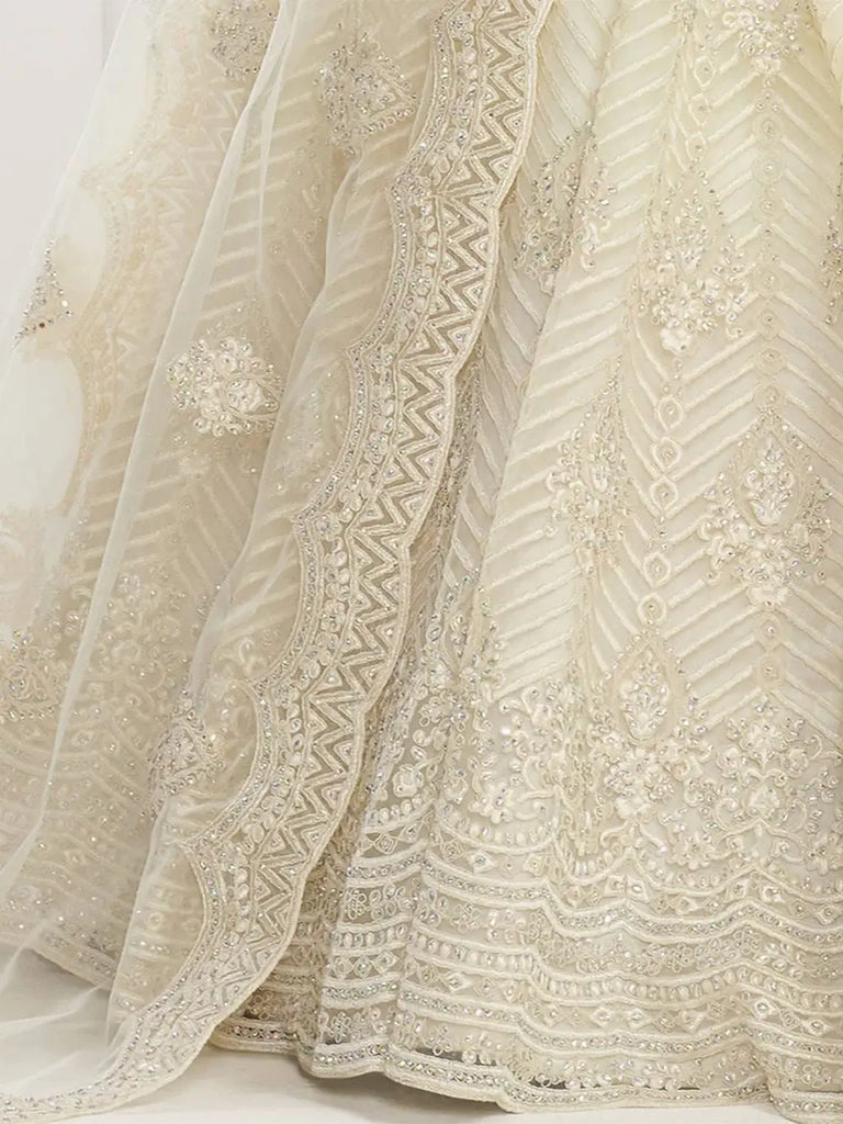 Off White Heavy Thread Coding Work Net Bridal Lehenga Choli