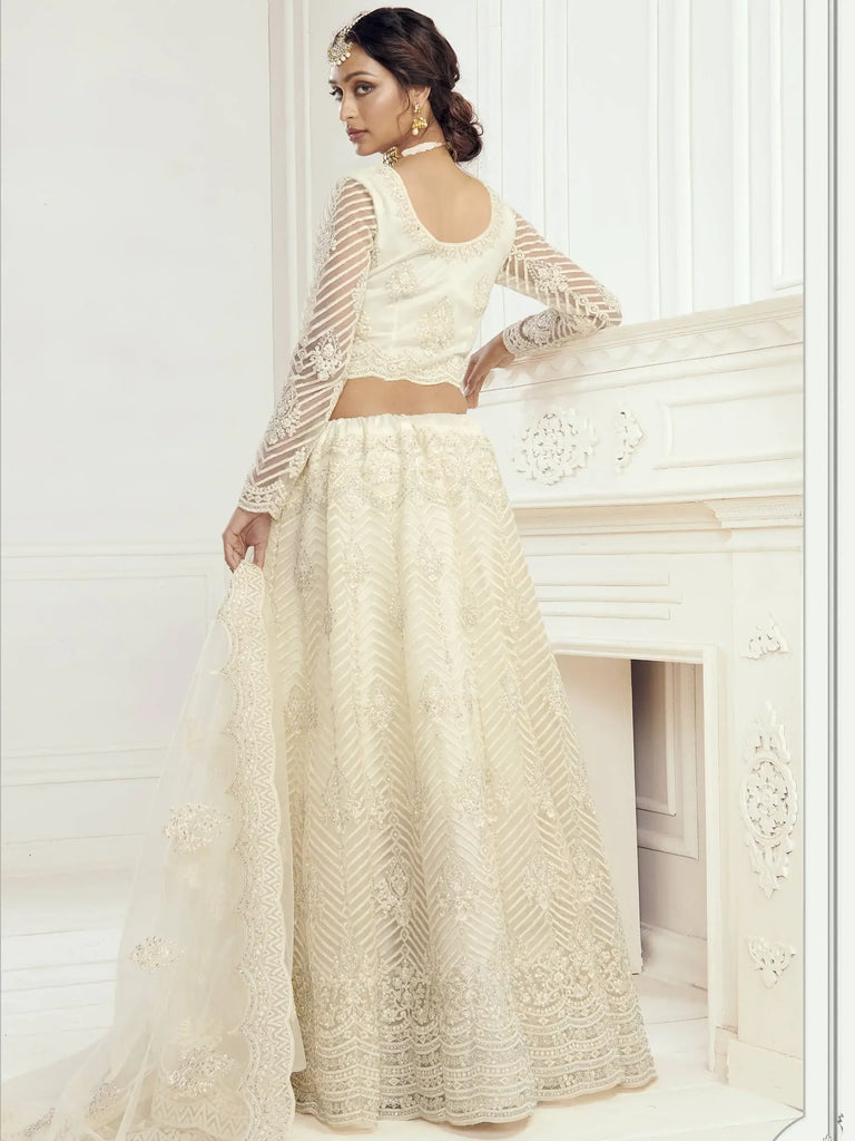Off White Heavy Thread Coding Work Net Bridal Lehenga Choli