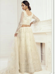 Off White Heavy Thread Coding Work Net Bridal Lehenga Choli