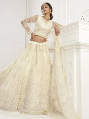Off White Heavy Thread Coding Work Net Bridal Lehenga Choli