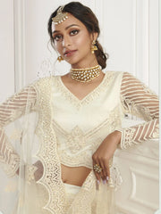 Off White Heavy Thread Coding Work Net Bridal Lehenga Choli