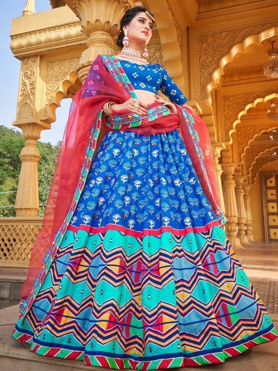 Blue printed lehenga choli with colorful geometric border and red dupatta, Indian ethnic wear