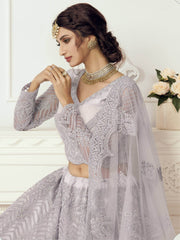 Lavender Heavy Thread Coding Work Net Bridal Lehenga Choli