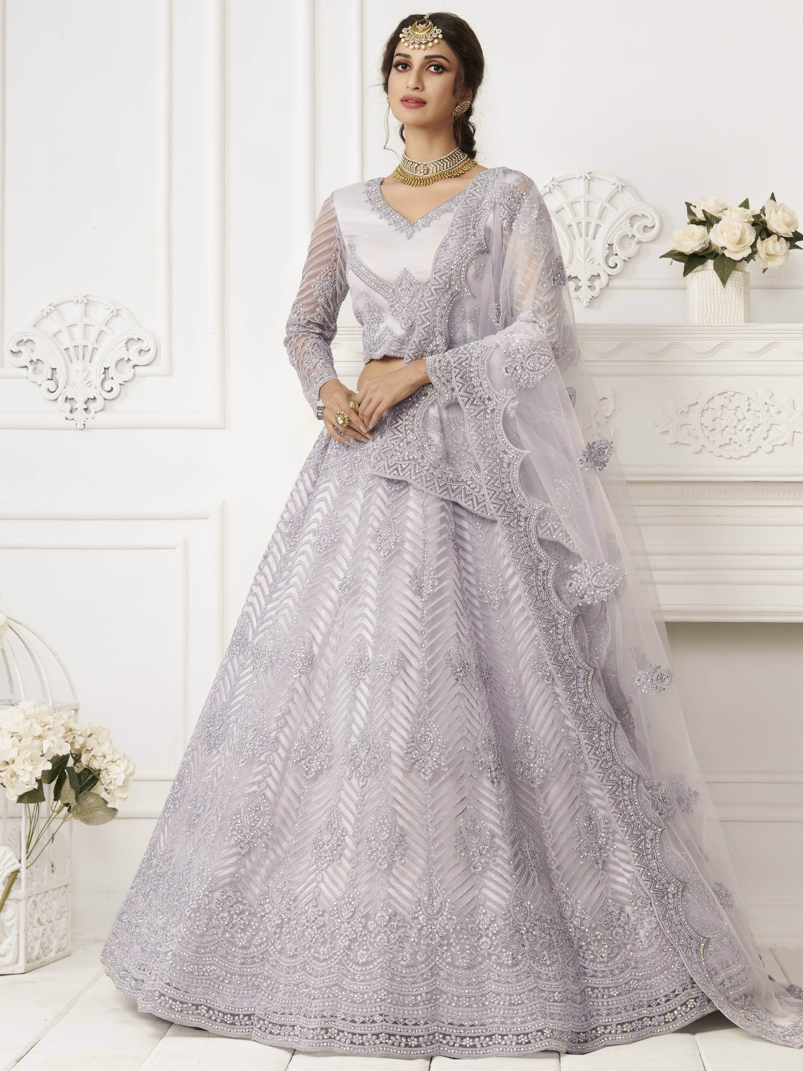 Lavender Heavy Thread Coding Work Net Bridal Lehenga Choli