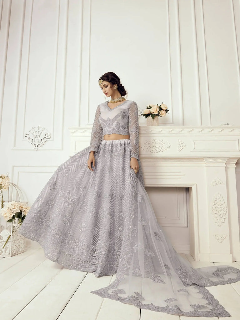 Lavender Heavy Thread Coding Work Net Bridal Lehenga Choli