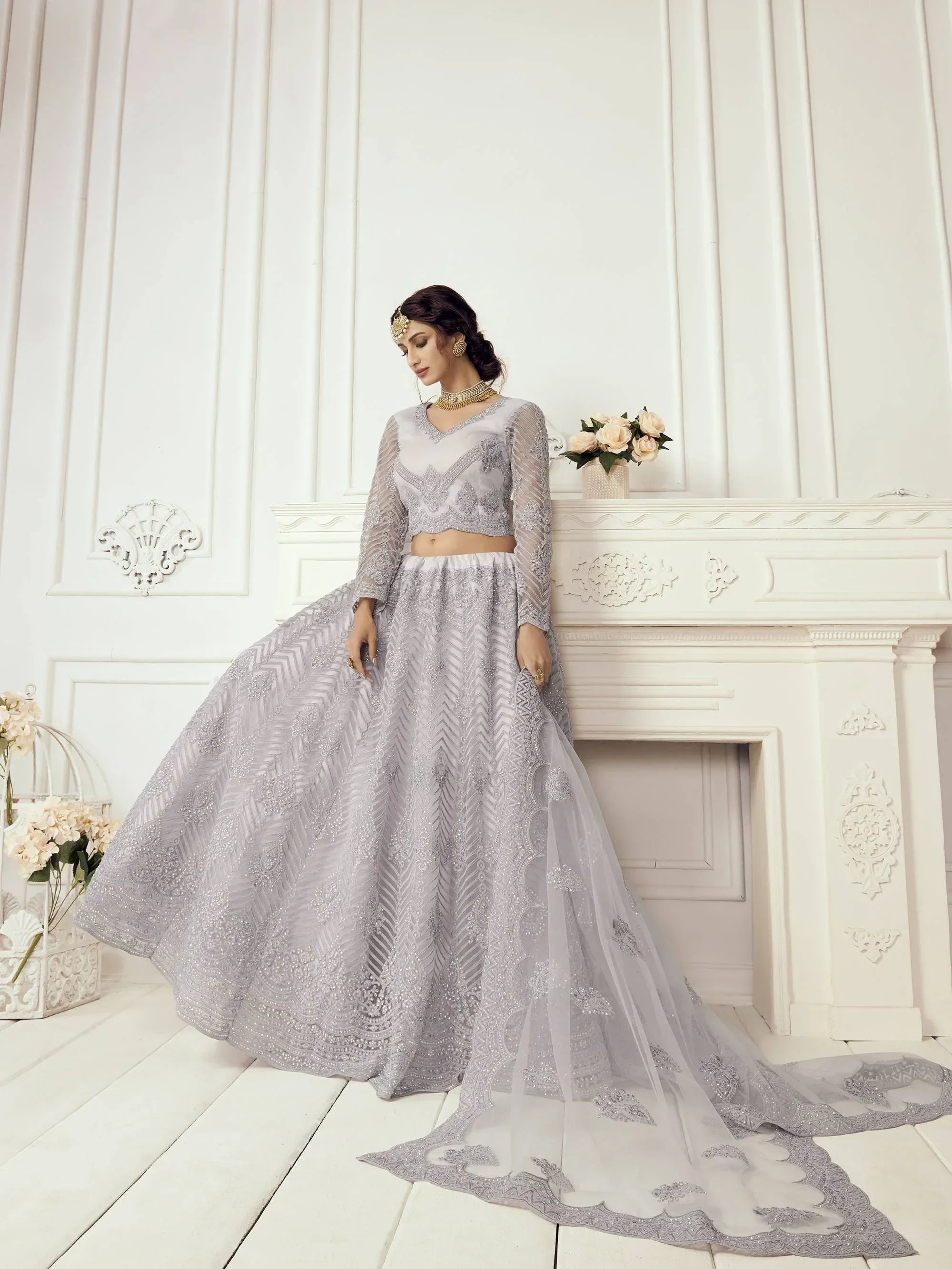 Lavender Heavy Thread Coding Work Net Bridal Lehenga Choli