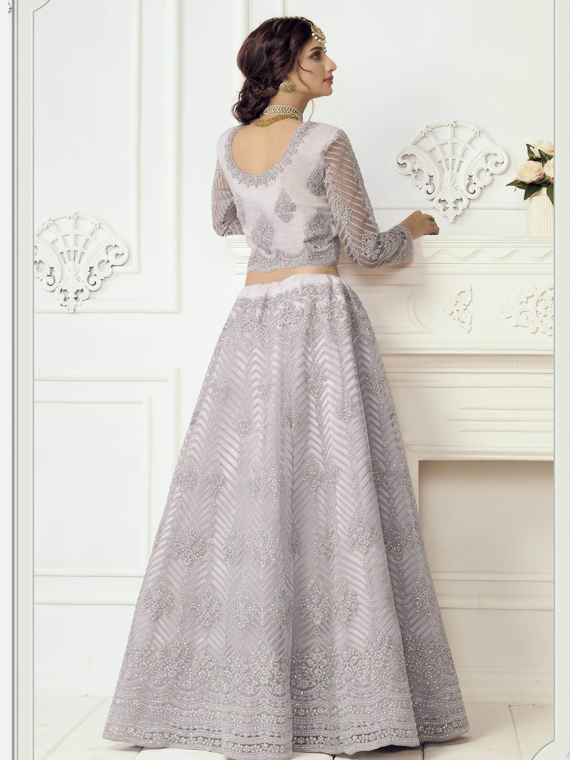 Lavender Heavy Thread Coding Work Net Bridal Lehenga Choli