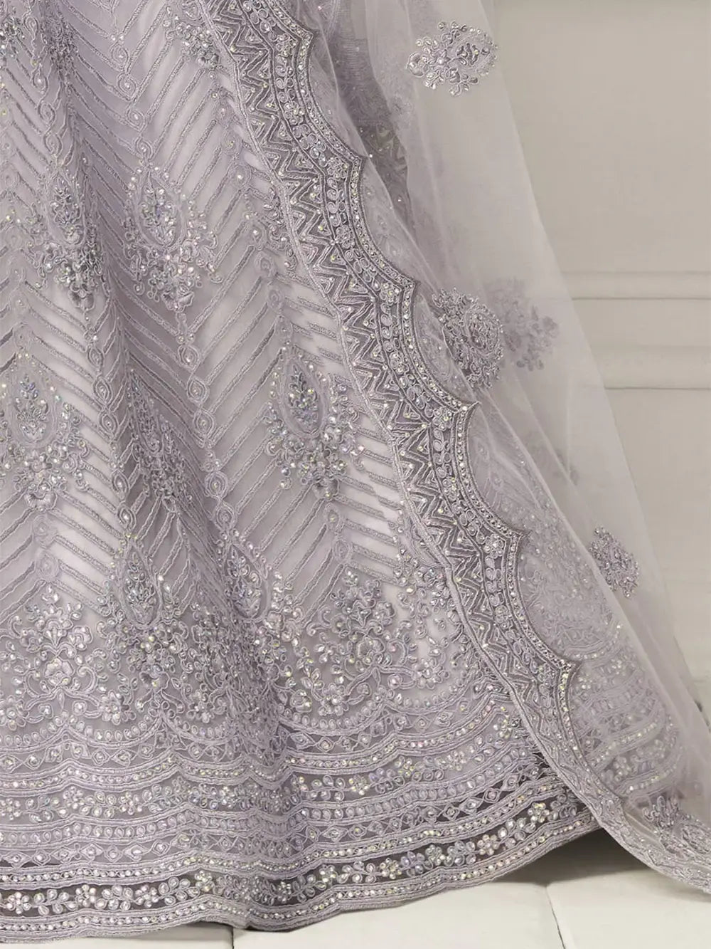 Lavender Heavy Thread Coding Work Net Bridal Lehenga Choli