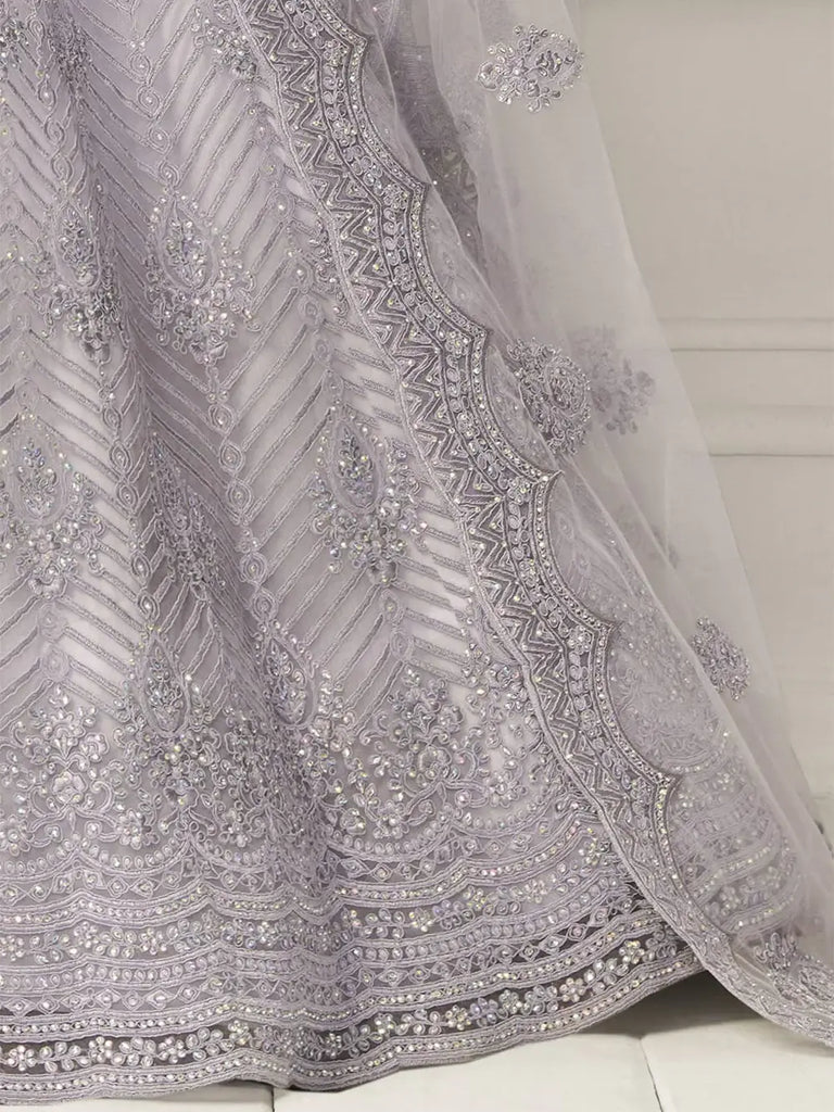 Lavender Heavy Thread Coding Work Net Bridal Lehenga Choli