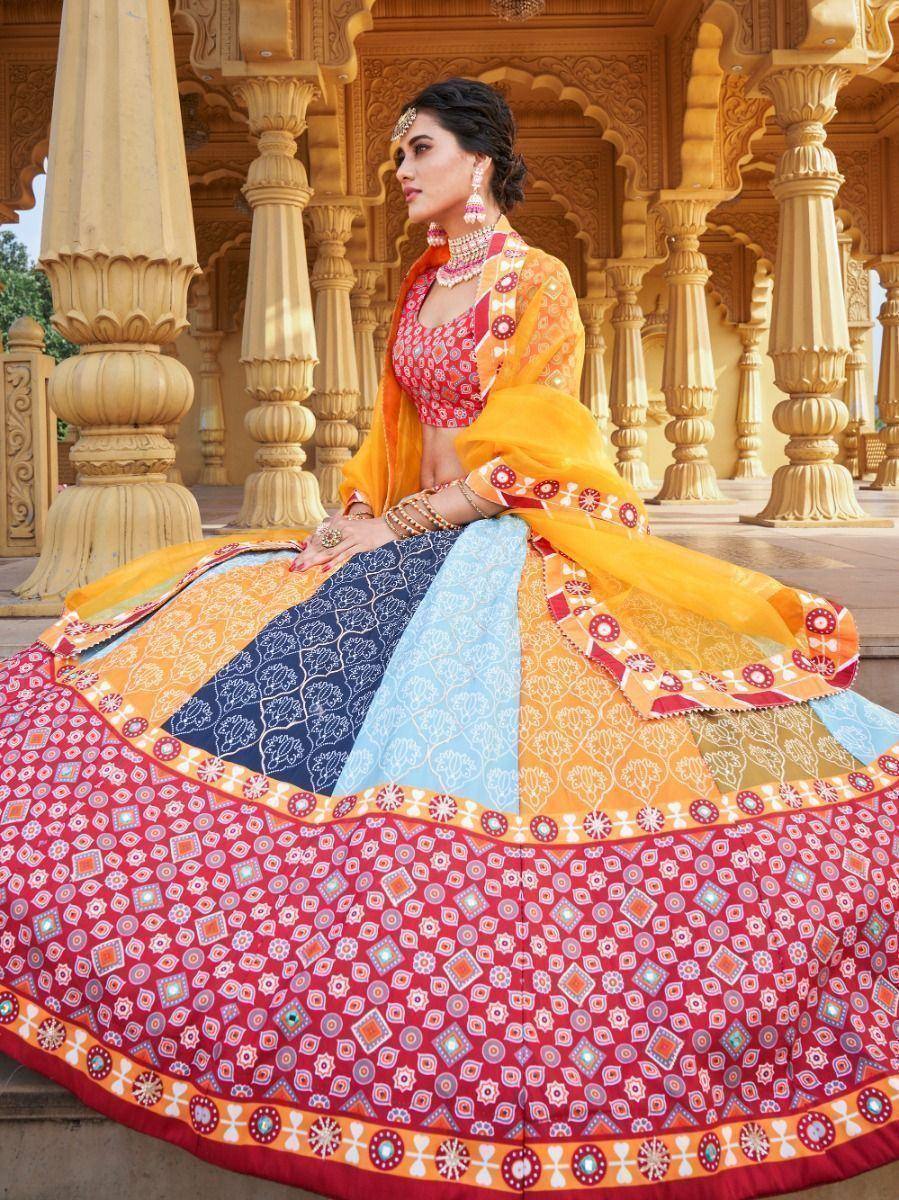 Colorful Indian lehenga choli with patchwork skirt, perfect for weddings and festivals