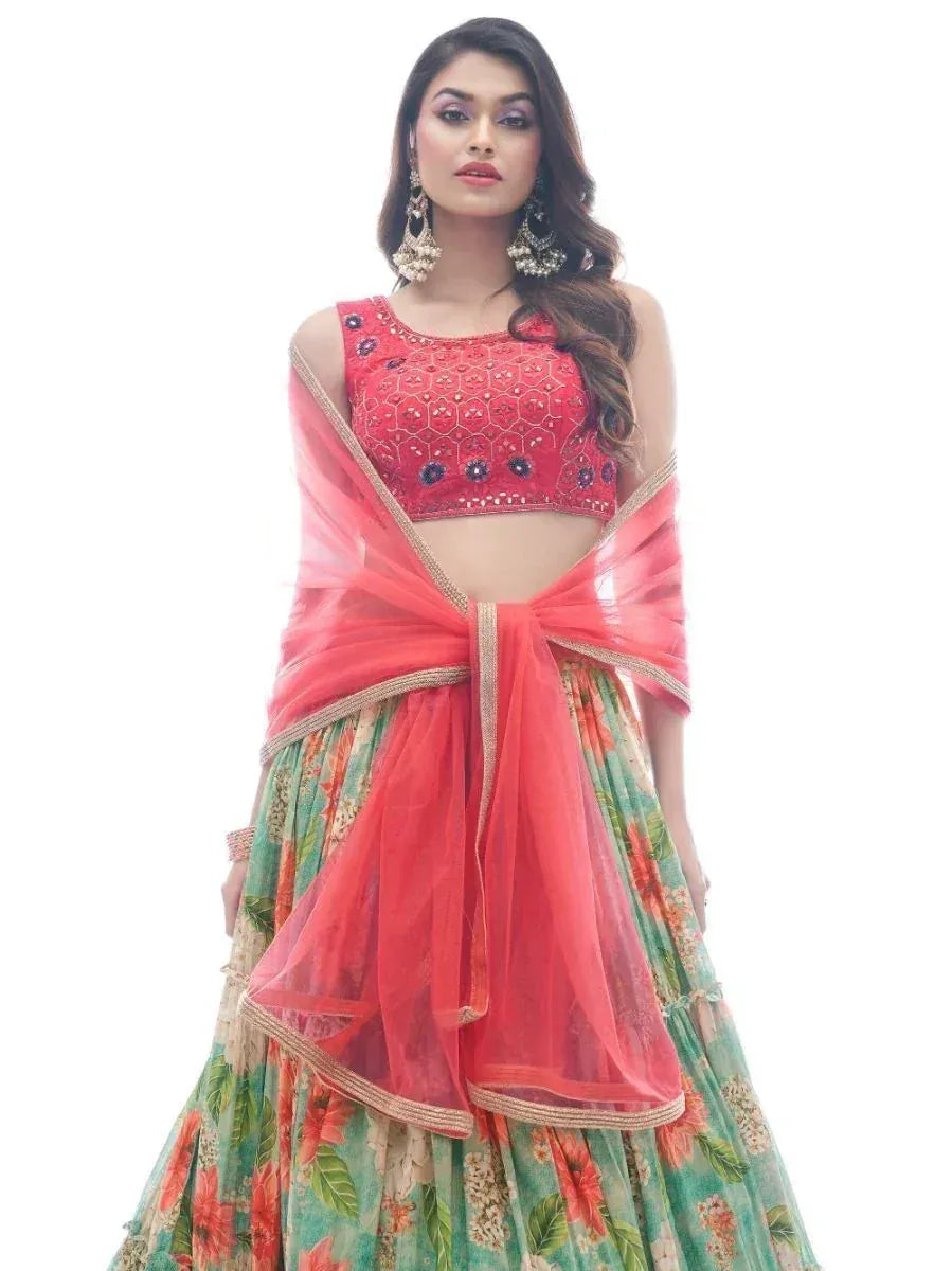Red embroidered lehenga choli with floral skirt and sheer dupatta, Indian ethnic wear