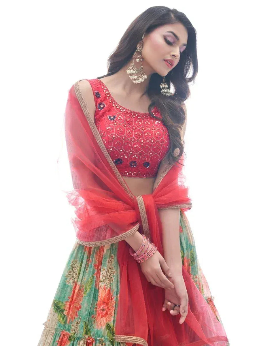 Red embroidered lehenga choli with floral skirt and sheer dupatta, Indian ethnic wear