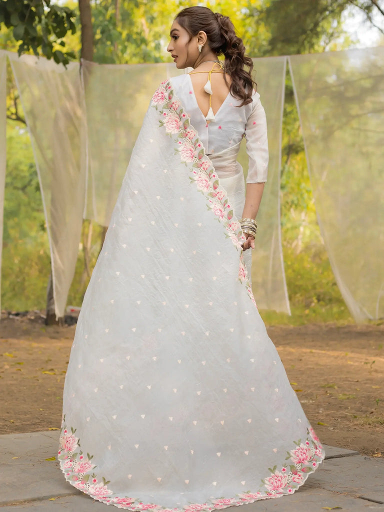 Beautiful White Embroidered Silk Traditional Saree With Blouse