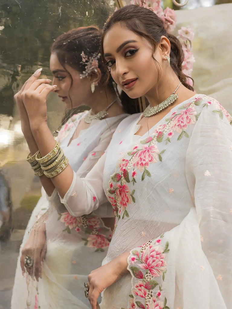 Beautiful White Embroidered Silk Traditional Saree With Blouse