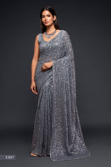 Sabyasachi Grey Sequins Party Wear Saree With Blouse