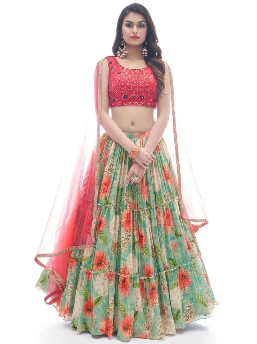 Red embroidered crop top with floral green lehenga and dupatta, Indian ethnic wear for women