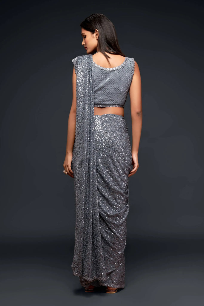 Sabyasachi Grey Sequins Party Wear Saree With Blouse