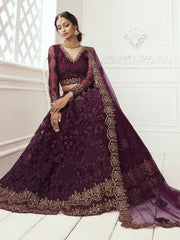 Wine Heavy Thread Coding Work Net Bridal Lehenga Choli
