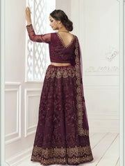 Wine Heavy Thread Coding Work Net Bridal Lehenga Choli